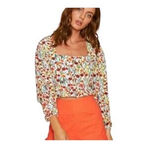 NWT Lost + Wander Floral Long Sleeve Square Neck‎ Crop Top Womens Large